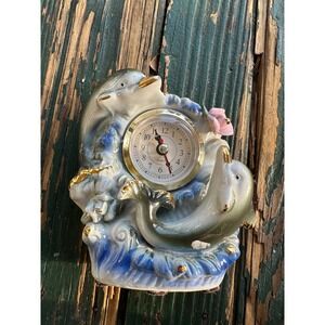 Vintage Ceramic Dolphin Quartz Desk Clock Nautical Ocean Decor Gold Accents 6in